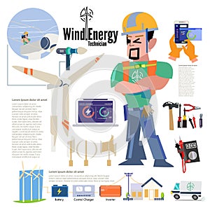 Wind Energy Technician at energy park. character desig with information about his job. typographic. wind energy set - vector