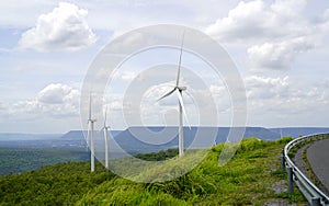 Wind energy. Wind power generation. Sustainable, renewable energy. Wind turbines generate electricity. Windmill farm. Green