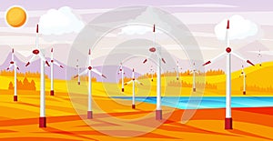 Wind farm in autumn fields among trees.