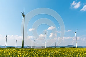 Wind farm in a blooming rapeseed field