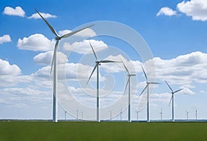 a wind farm with a blue sky and clouds