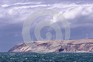 The wind farm on the cape of Cape Jervis, Southern Australia, seen from the sea