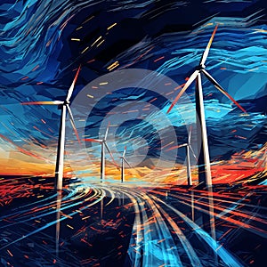 Wind farm with colorful sunset and light rays leading to turbines., generative ai