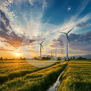 Wind farm with five turbines in green field at sunset., generative ai