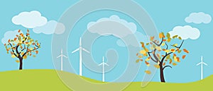 Wind farm in green fields among trees. Ecological or environmental background for presentations, websites and infographics