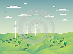 Wind farm in green fields among trees. Ecology