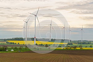 Wind farm on a rapeseed yellow field and plowed land