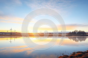 wind farm reflected in a nearby lake during sunrise