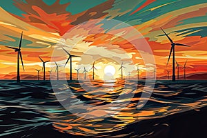 Wind Farm on Sea at Sunset: Sky Full of Clouds, generative ai