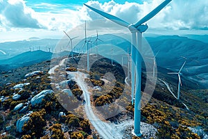 Wind farm stretching across picturesque landscape, capturing graceful rotation of wind turbines harnessing renewable