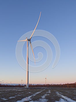 Wind farm at sunrise in winter