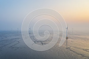 Wind farm on tidal flat wetland in sunrise