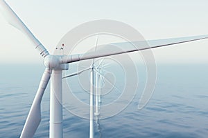 Wind farm turbines caught in sunset sky. Beautiful contrast with the blue sea. ecological concept. 3d rendering