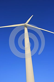 Wind farm turbines that produce electricity energy. Windmill Wind power technology productions Wind turbines standing in green fie