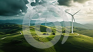 Wind farm with turbines on top of hill aerial view on a sunny day