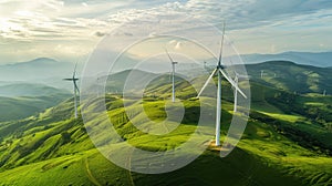 Wind farm with turbines on top of hill aerial view on a sunny day