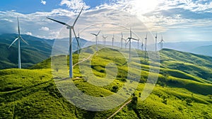 Wind farm with turbines on top of hill aerial view on a sunny day