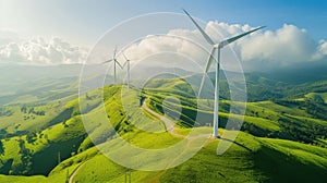 Wind farm with turbines on top of hill aerial view on a sunny day