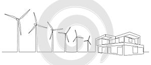 Wind farm turbines and windmill with modern house in One continuous line drawing. Green energy and renewable source of
