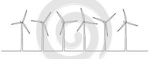 Wind farm turbines and windmill in one continuous line drawing. Green energy and renewable source of power concept in