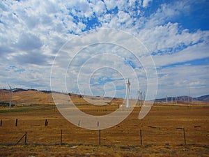 Wind farm, view of hundreds of wind trubines in mountainous fields in California.