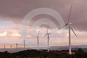 WIND FARM OF WIND GENERATORS AT THE TOP OF A MOUNTAIN