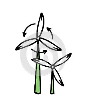 Wind farms. Green energy. Co2 concept of climate change. Vector isolated doodle