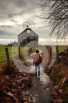 the wind flows through the tall grass in ireland while a storm is on the horizon a child is walking to an old house