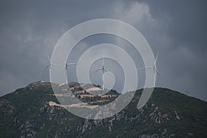 Wind genarators turbines on the pick of the mountain in Despotiko village at Ioannina perfecture