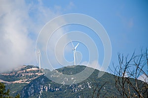 Wind genarators turbines on the pick of the mountain in Despotiko village at Ioannina perfecture