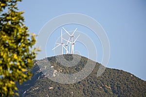 Wind genarators turbines on the pick of the mountain in Despotiko village at Ioannina perfecture