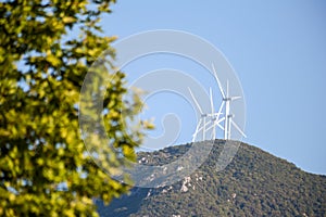 Wind genarators turbines on the pick of the mountain in Despotiko village at Ioannina perfecture