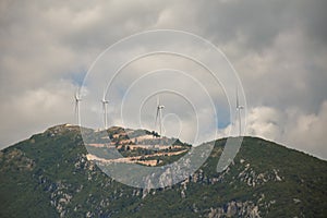 Wind genarators turbines on the pick of the mountain in Despotiko village at Ioannina perfecture