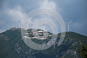 Wind genarators turbines on the pick of the mountain in Despotiko village at Ioannina perfecture greece