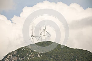 Wind genarators turbines on the pick of the mountain in Despotiko village at Ioannina perfecture greece