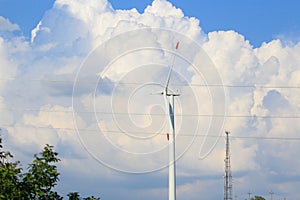 Wind generator of electricity against the sky. The use of clean green renewable energy in real life. Background