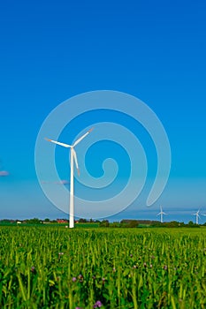 Wind generator in green grass.Green energy. Windmill on sky background.renewable energy.Alternative energy sources