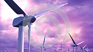 Wind generators farm against a purple sky loop