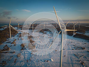 Wind generators on the Paldiski peninsula on a winter day, photo from a drone