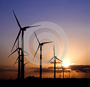 Wind generators at sunset