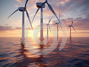 Wind generators on a wind farm at sea in Europe at Sunset