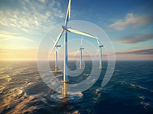 Wind generators on a wind farm at sea in Europe at Sunset