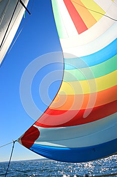 The wind has filled colorful spinnaker sail