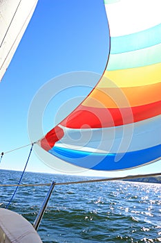 The wind has filled colorful spinnaker sail