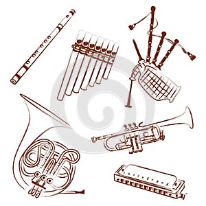 Wind instruments collection. Outline illustration