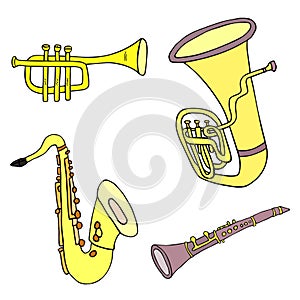 Wind instruments vector set. Saxophone, clarinet, trumpet, tube hand-drawn clip art sketch.