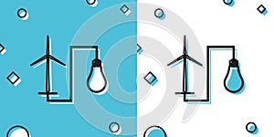 Wind mill turbine generating power energy and light bulb icon on blue and white background. Alternative natural