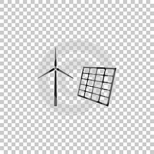 Wind mill turbines generating electricity and solar panel icon isolated on transparent background. Energy alternative