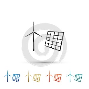 Wind mill turbines generating electricity and solar panel icon isolated on white background. Energy alternative, concept