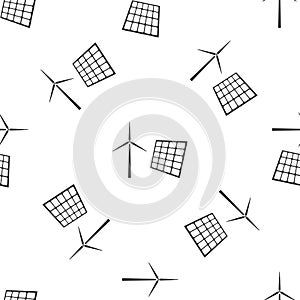 Wind mill turbines generating electricity and solar panel icon seamless pattern on white background. Energy alternative